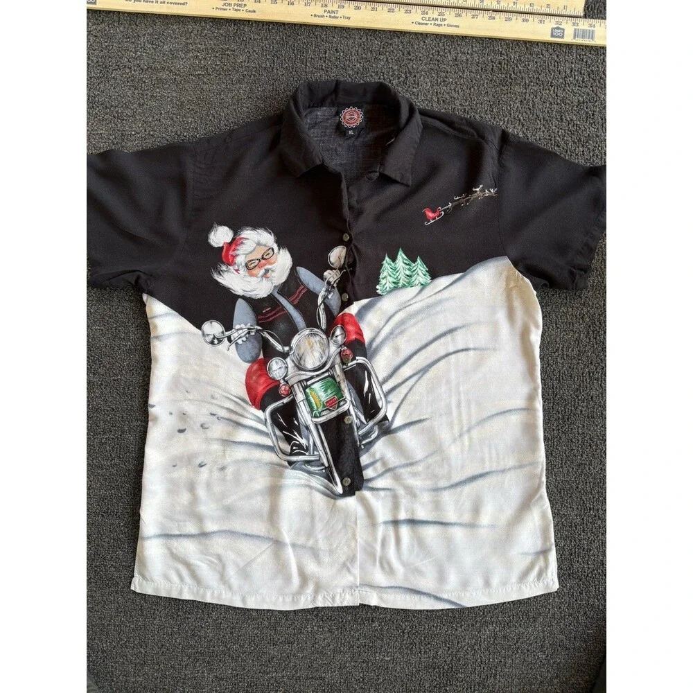 Men’s XL Santa Claus Motorcycle Biker Christmas Button-Up Shirt Black